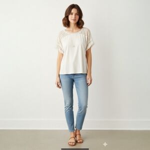 ​✨‎ LOFT Cream Mixed Media Crochet Top - Boho Cottagecore Fringed Blouse